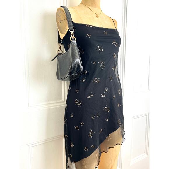 Vintage Party asymmetrical dress with golden floral details, tie straps, sheer - Picture 2 of 8